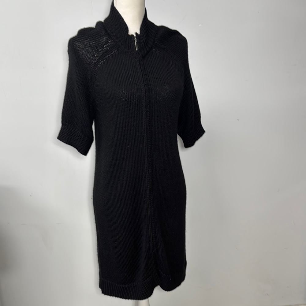 Coldwater Creek Black Open Knit Sweater Cardigan Dress Zipper Front Short Sleeve